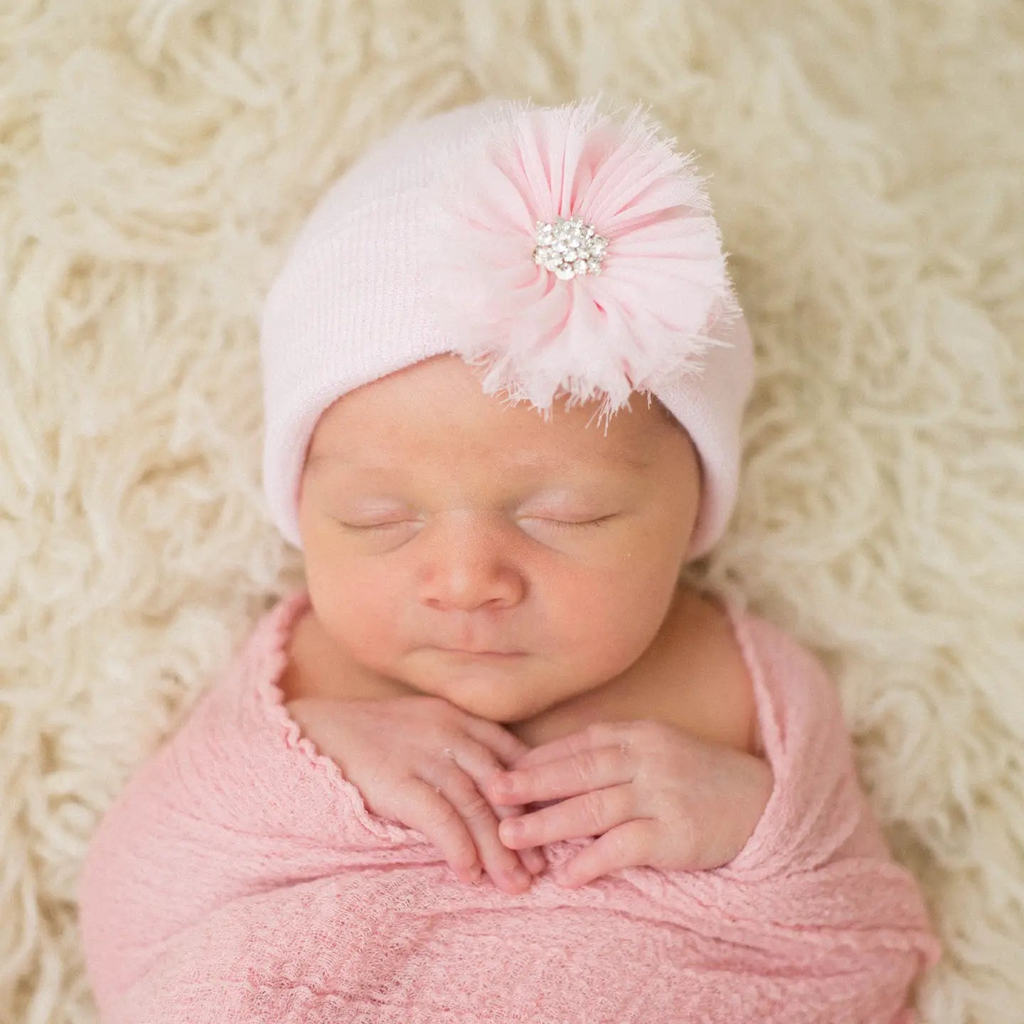 Pink Hat Frayed Flower Nursery Hat (0-3mo)