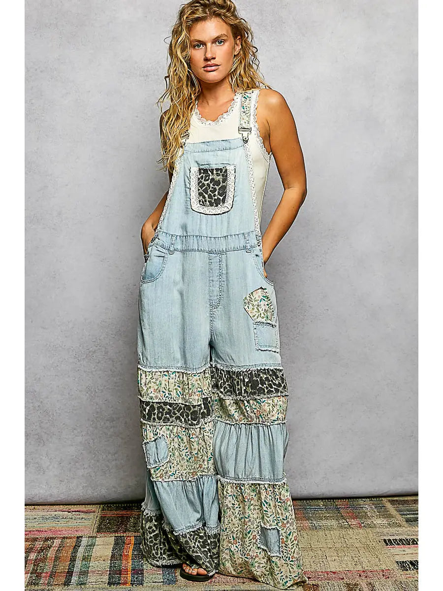 Patchwork Ruffle Tiered Wide Leg Overall