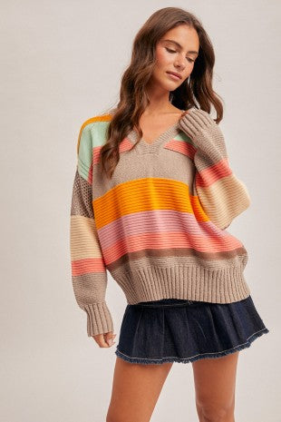 Oversized Striped Multi Color Block Sweater Top