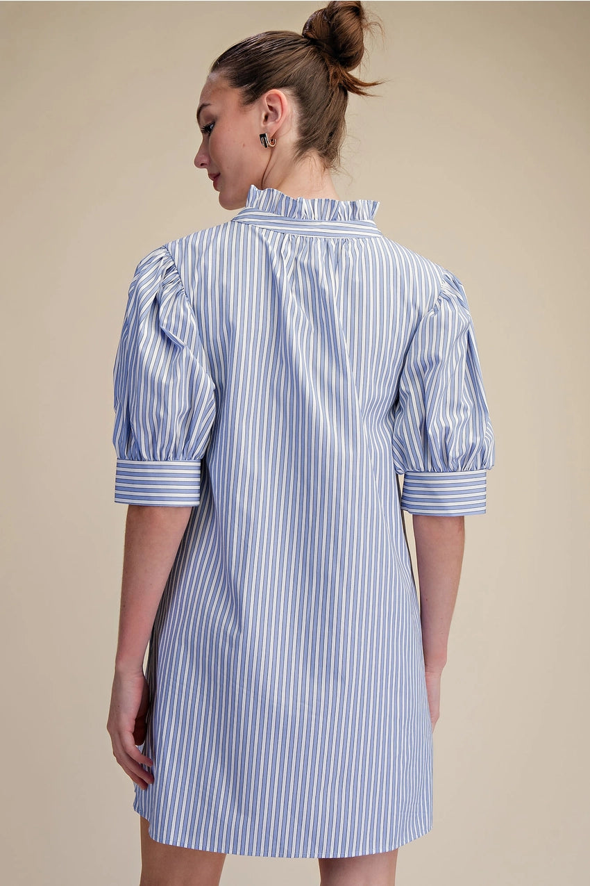 Ruffle V Neck Puff Sleeve Stripe Mini Dress