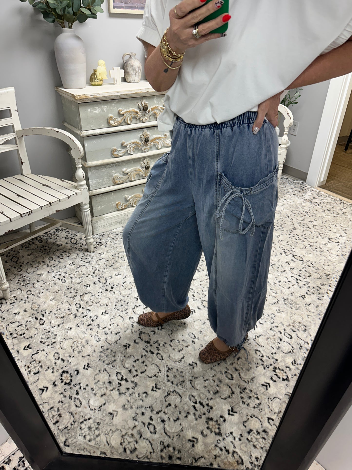 Drawstring Leg Washed Denim Pants