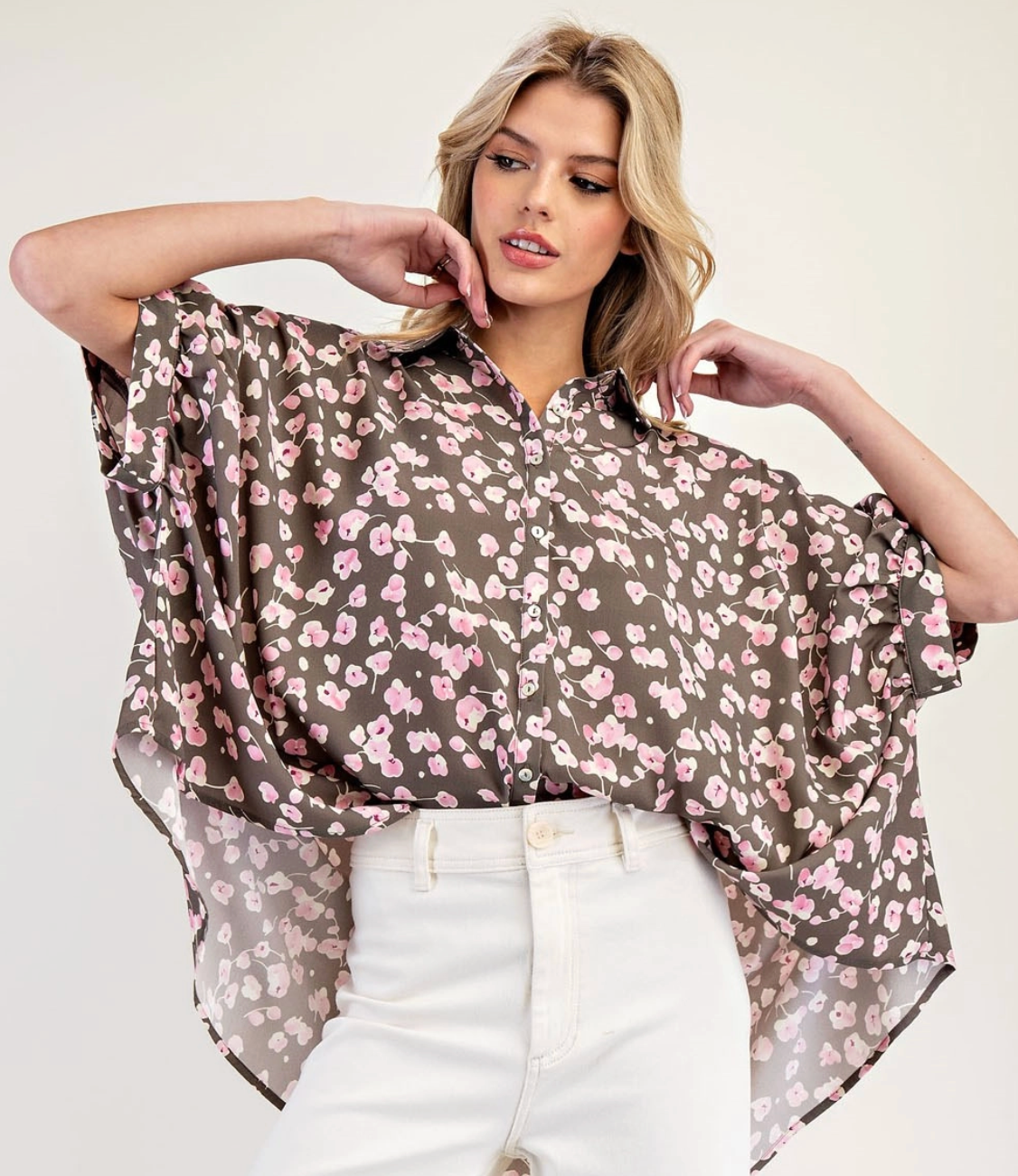 Floral Printed Dolman Sleeve Blouse Top Rose Oak