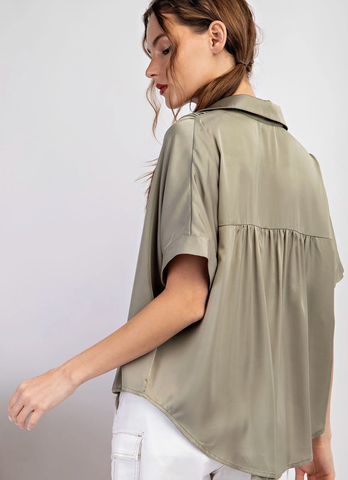 Satin Short Sleeve Button Down Sage