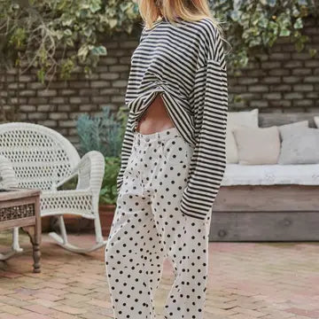 Polka Dot Print Cotton Barrel Leg Jeans