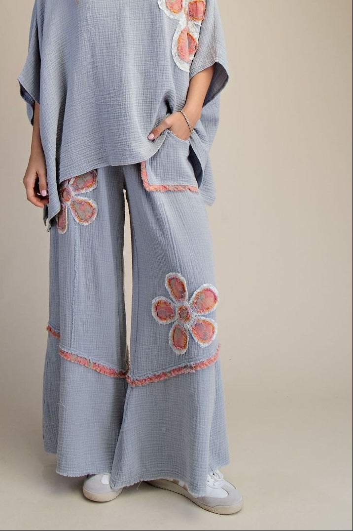 Cloud Blue Cotton Gauze Floral Detailed Pant