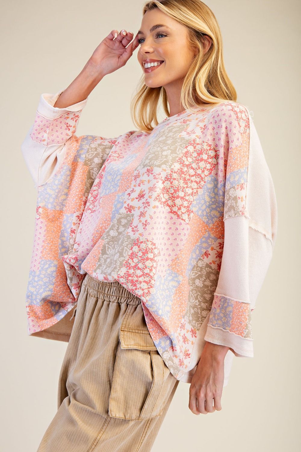 3/4 Sleeve Patchwork Top Blush