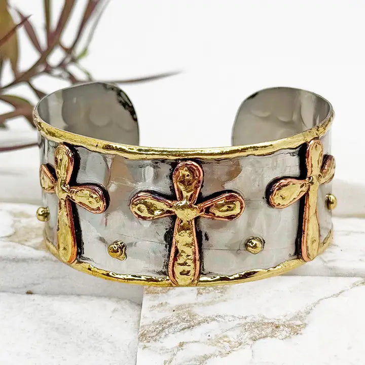 Three Chunky Crosses Mixed Metal Cuff