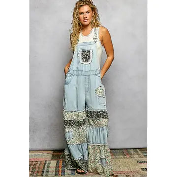 Patchwork Ruffle Tiered Wide Leg Overall