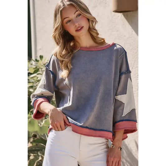Faded Mineral Wash Star Sleeve Top