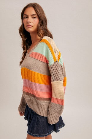 Oversized Striped Multi Color Block Sweater Top