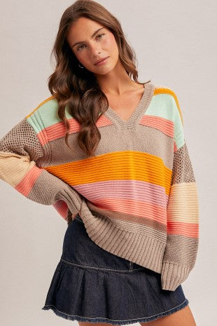 Oversized Striped Multi Color Block Sweater Top