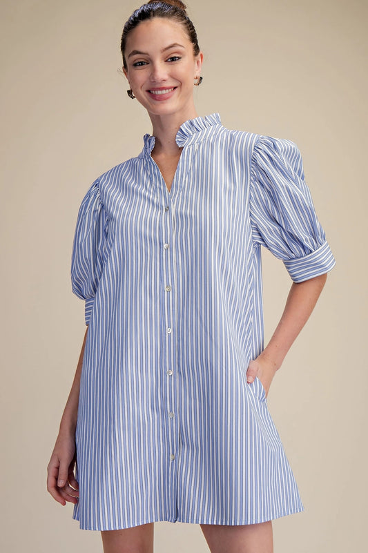 Ruffle V Neck Puff Sleeve Stripe Mini Dress