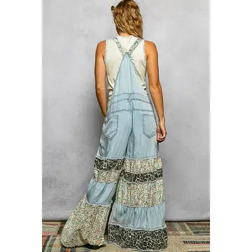 Patchwork Ruffle Tiered Wide Leg Overall