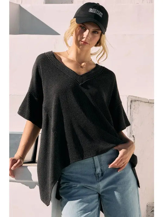 Texture Knit V-Neck Top Charcoal