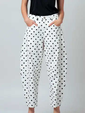 Polka Dot Print Cotton Barrel Leg Jeans