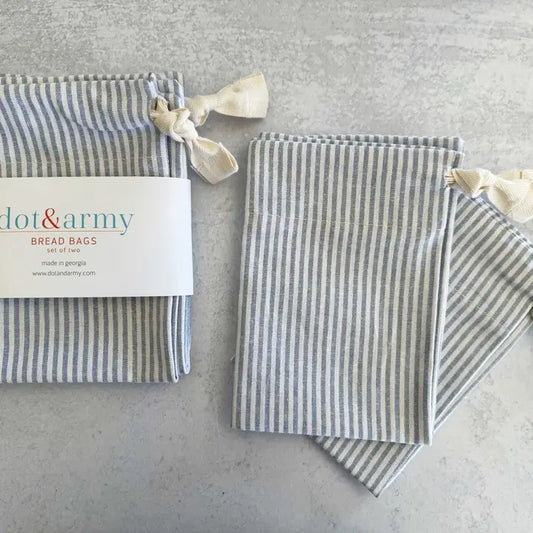Dusty Blue Stripe Linen Bread Bags, set of two