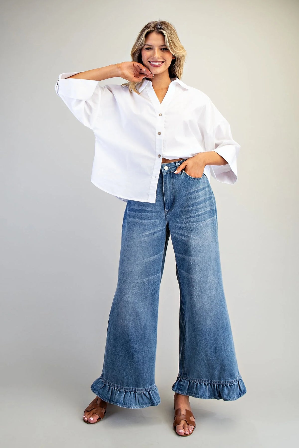 Ruffle Hem Wide Leg Mineral Washed Jeans