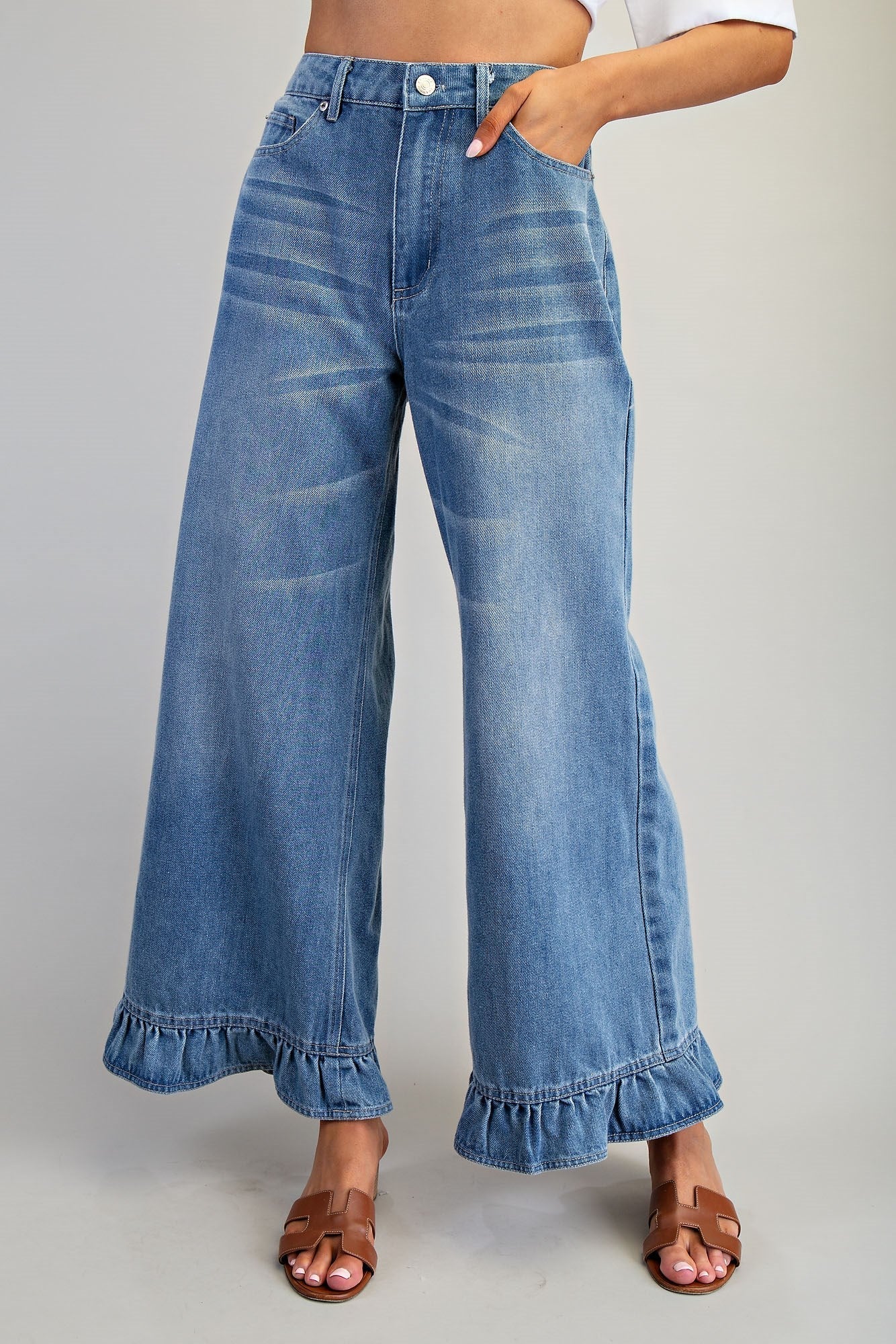 Ruffle Hem Wide Leg Mineral Washed Jeans