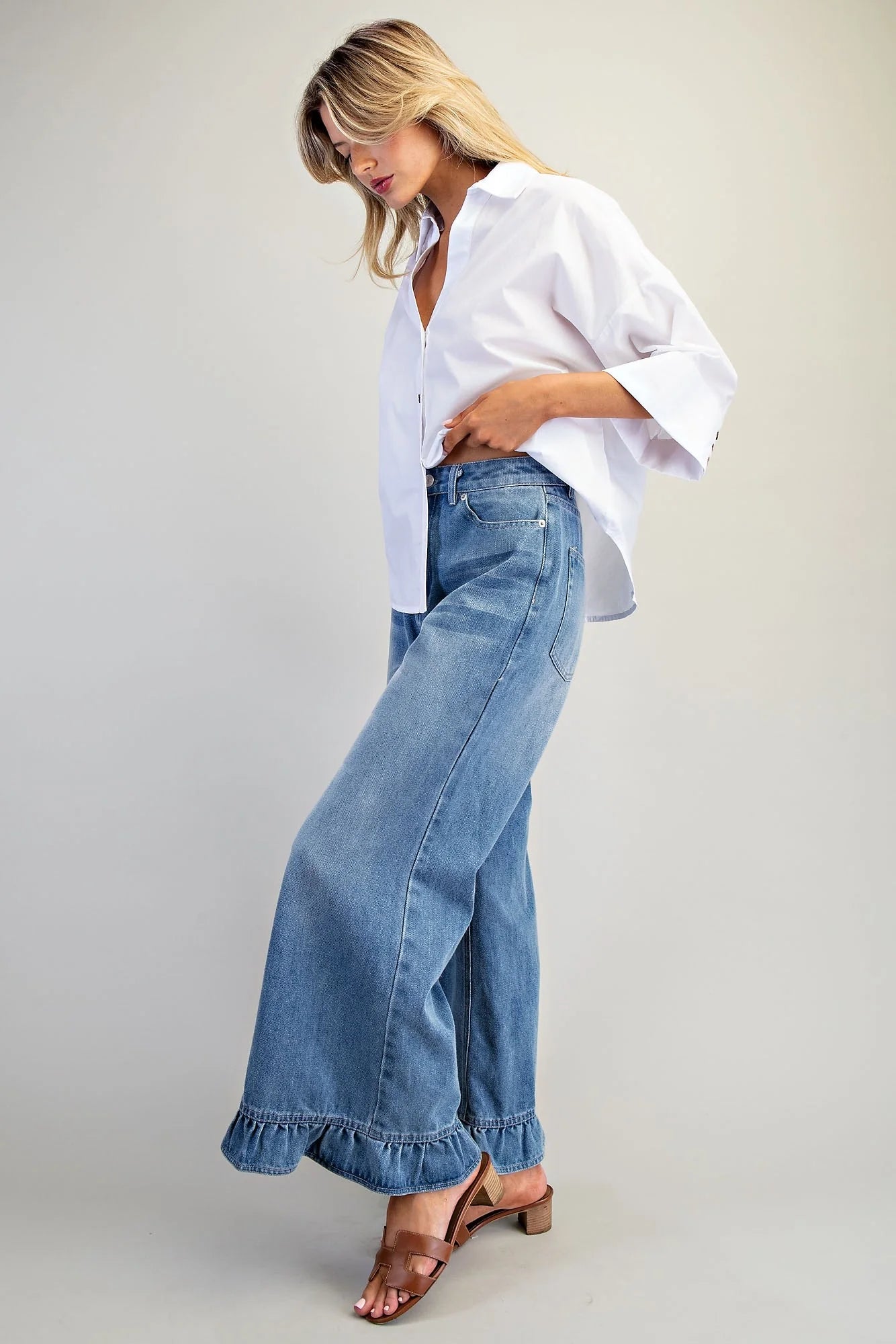 Ruffle Hem Wide Leg Mineral Washed Jeans