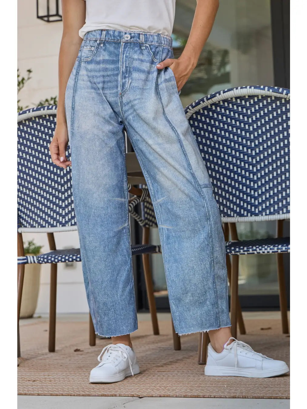 Illusion Faux Denim-Like Printed Barrel Pants
