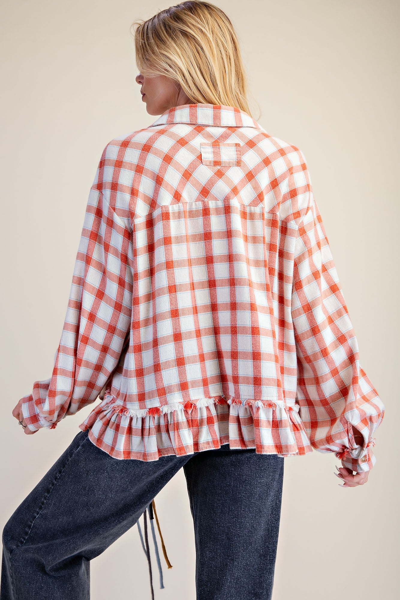 Rica Red Plaid Ruffle Trim Top