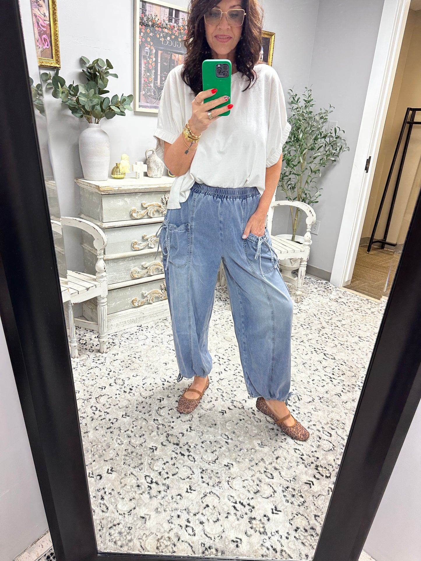 Drawstring Leg Washed Denim Pants