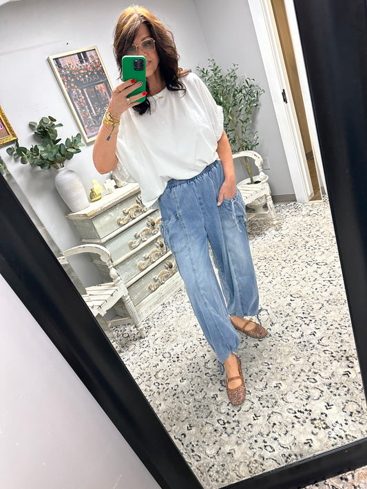 Drawstring Leg Washed Denim Pants