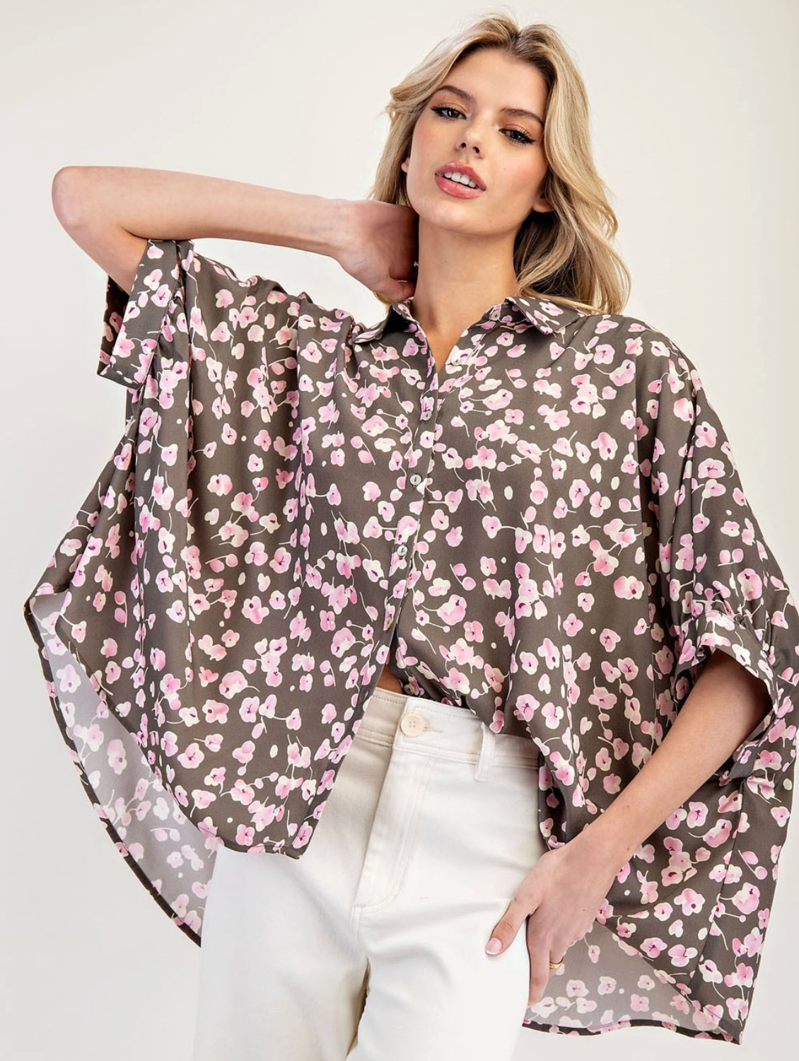 Floral Printed Dolman Sleeve Blouse Top Rose Oak