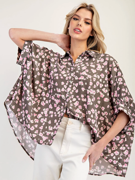 Floral Printed Dolman Sleeve Blouse Top Rose Oak