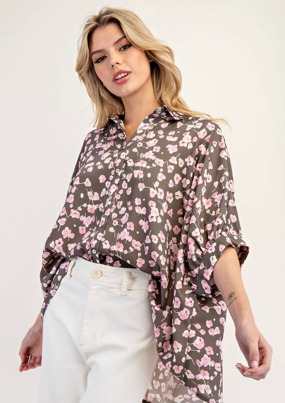 Floral Printed Dolman Sleeve Blouse Top Rose Oak