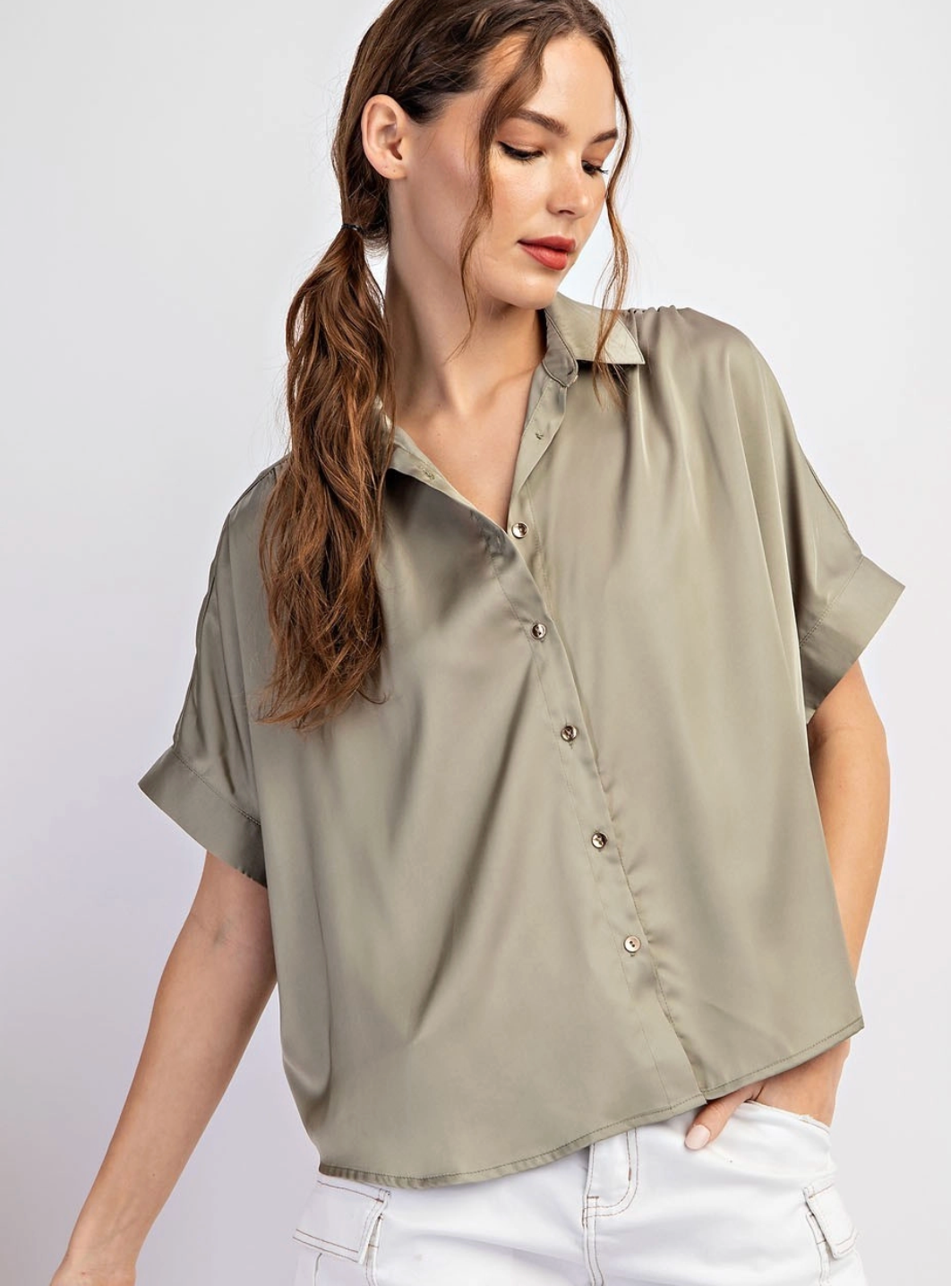 Satin Short Sleeve Button Down Sage