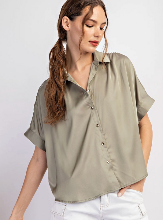Satin Short Sleeve Button Down Sage