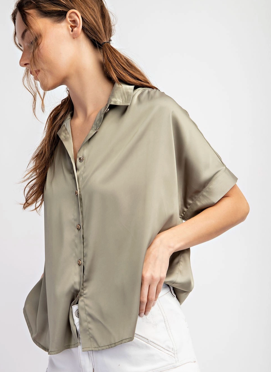 Satin Short Sleeve Button Down Sage
