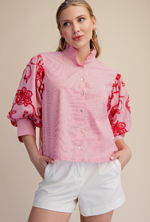 Rica Striped Embroidered  Puff Sleeve