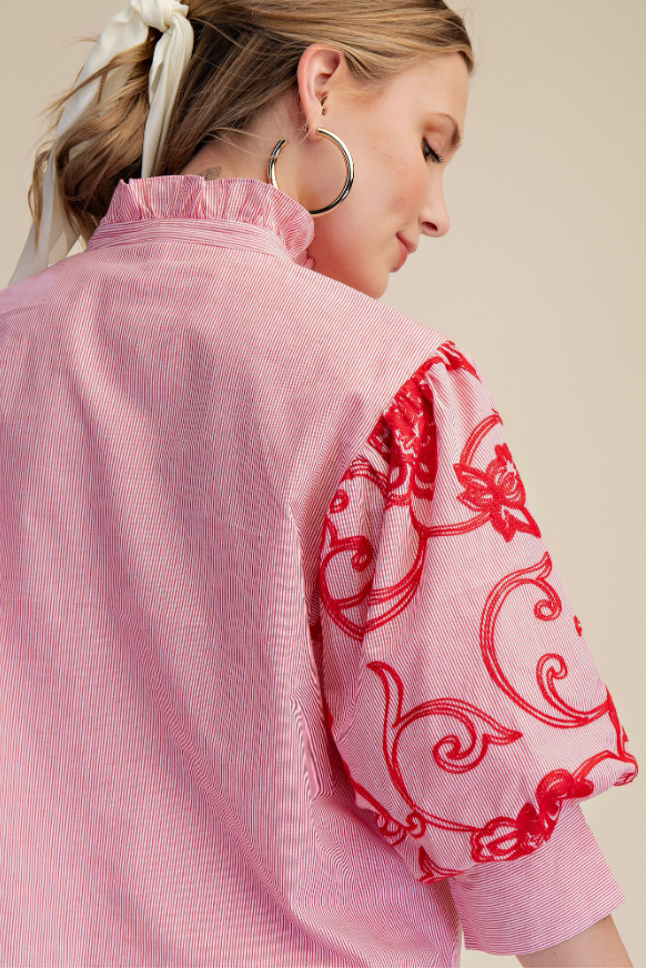 Rica Striped Embroidered  Puff Sleeve