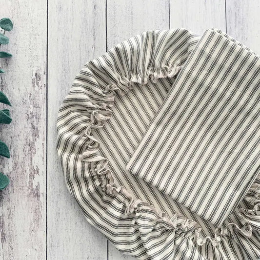Grey Ticking Bread Bag and Bowl Cover Combo