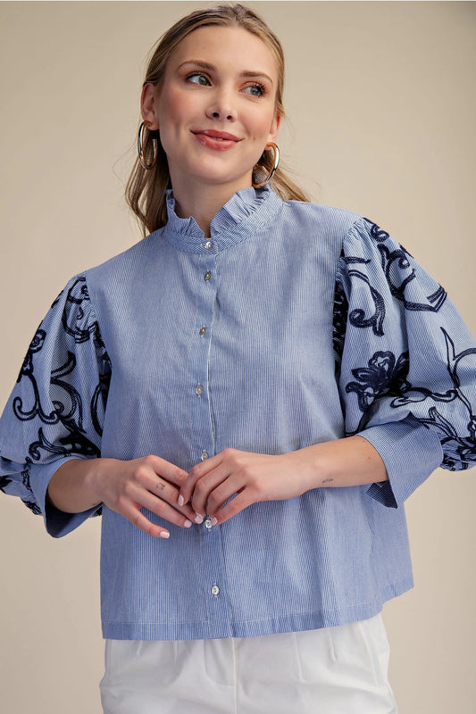 Rica Striped Embroidered  Puff Sleeve