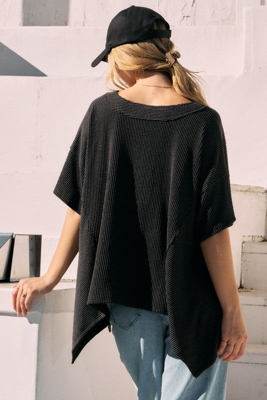 Texture Knit V-Neck Top Charcoal