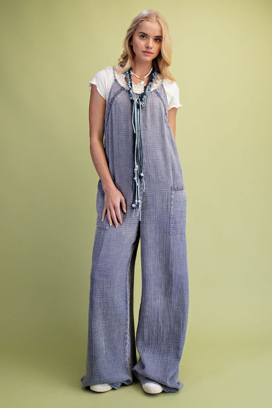 Denim Blue Cotton Gauze Jumpsuit