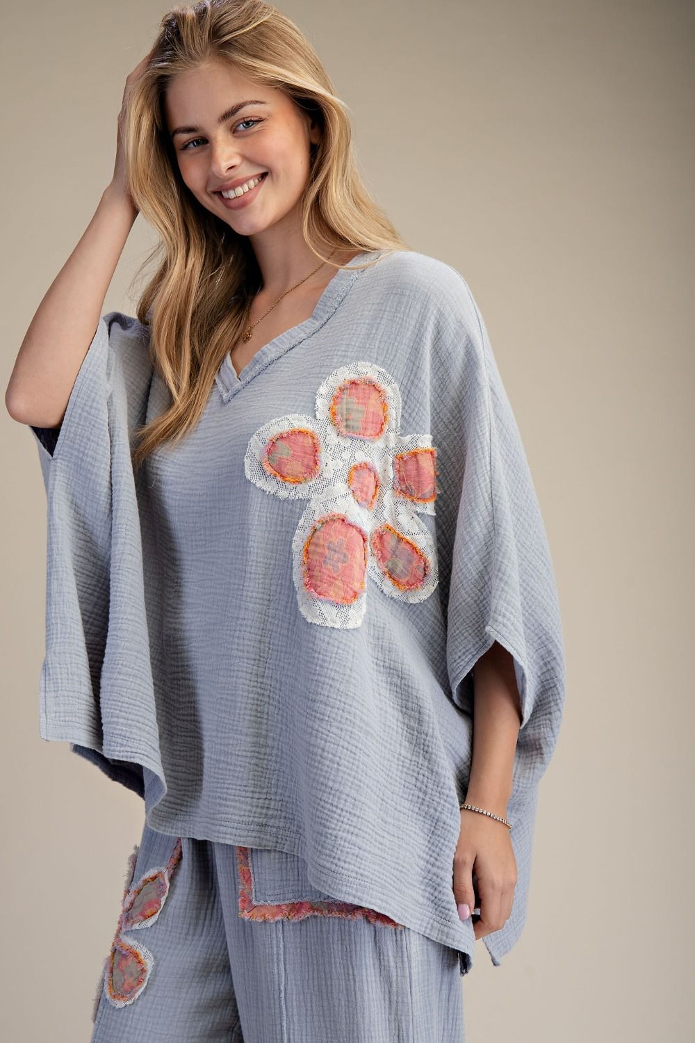 Cloud Blue Floral Patch Top
