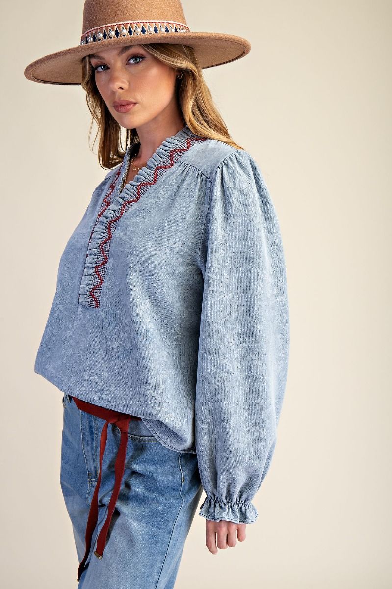 Rainey Ruffle Denim Jacquard Top