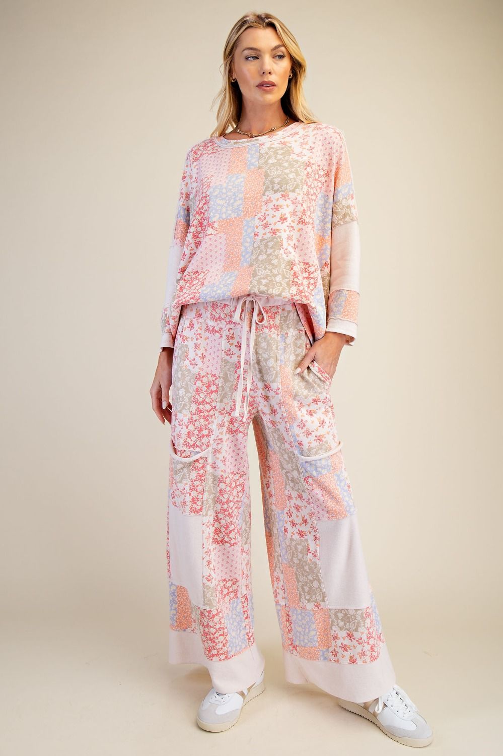 3/4 Sleeve Patchwork Top Blush