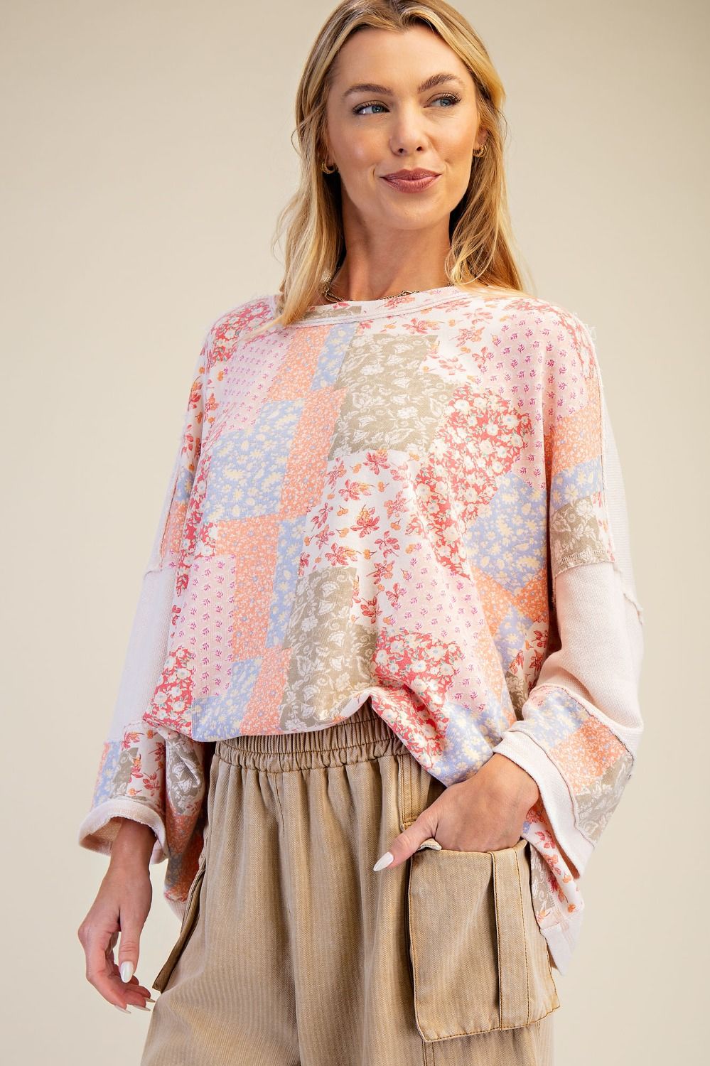 3/4 Sleeve Patchwork Top Blush
