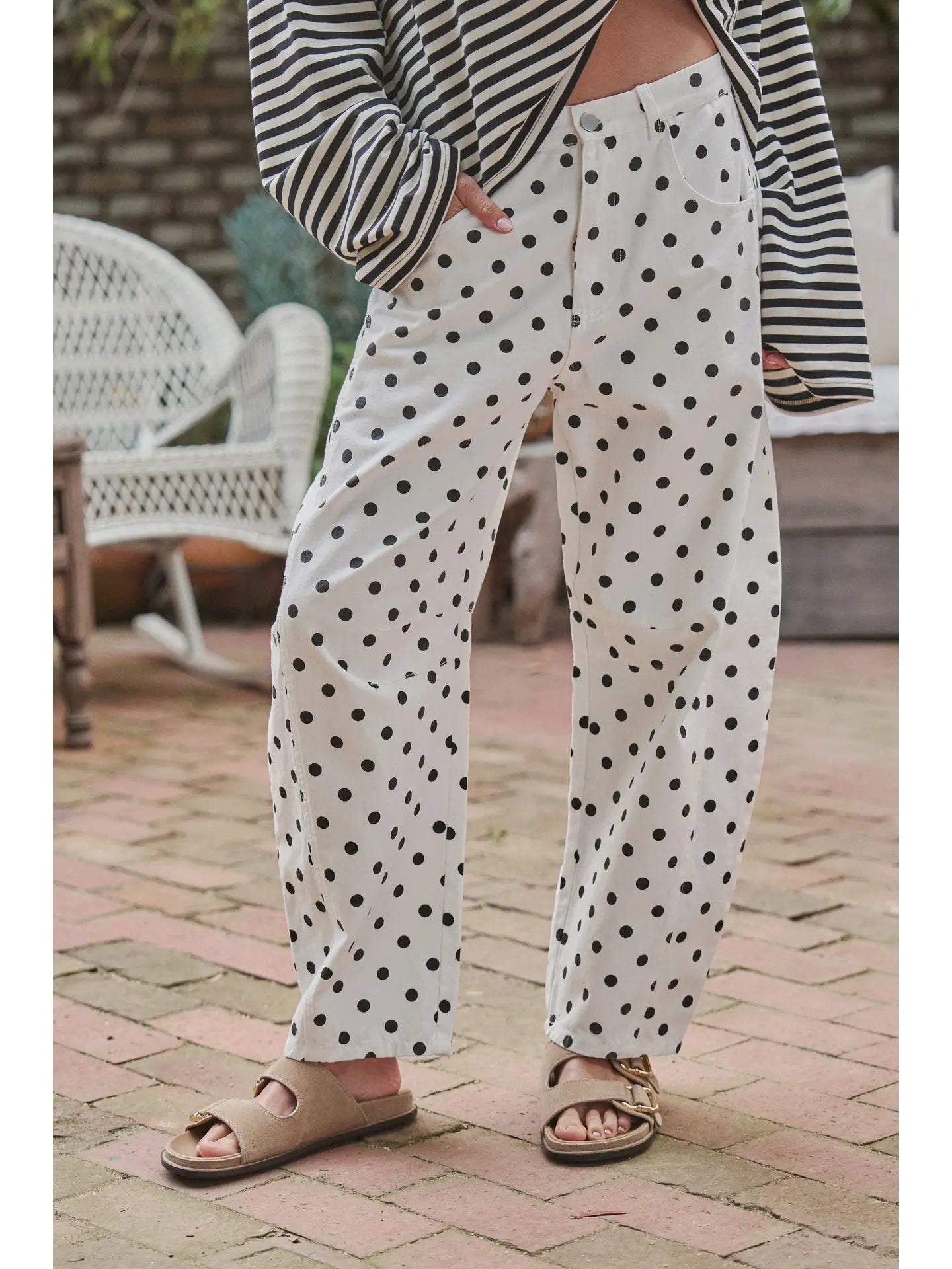 Polka Dot Print Cotton Barrel Leg Jeans
